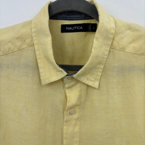 Nautica Linen Shirt Men Large Short Sleeve Button Down Yellow Minimalist Coastal - Picture 3 of 12